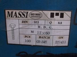M12x60 hatlapfejű tövig menetes csavar, 8.8, tüzihorganyzott, 33 Ft/db, DIN933-8.8, Massi