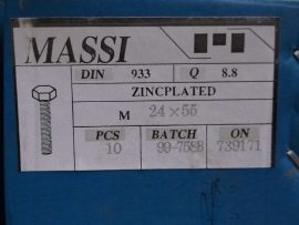 M24x55 hatlapfejű tövig menetes csavar, 8.8, horganyzott, 140 Ft/db, DIN933-8.8, Massi