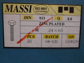 M24x65 hatlapfejű tövig menetes csavar, 8.8, horganyzott, 170 Ft/db, DIN933-8.8, Massi