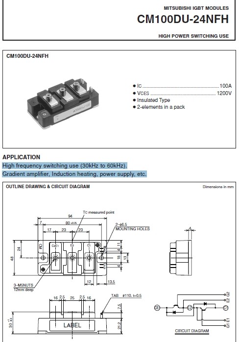 IGBT modul, Mitsubishi CM100DU-24NFH, 100A 1200V, Nagyfrekve