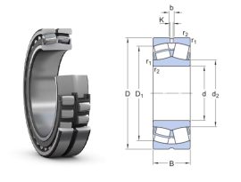 22211 E (CC/W33) SKF Explorer, 55x100x25 mm, Kétsoros önbeállós hordógörgős, gömbgörgős csapágy, külső paláston olajzófuratokkal és horonnyal, hengeres tengelyfurattal, és acélkosárral