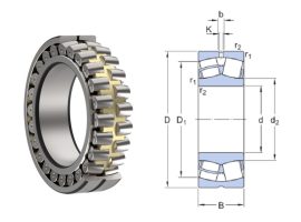 22313 M/C4 SKF, 65x140x48 mm, Kétsoros önbeállós hordógörgős, gömbgörgős csapágy, olajhorony nélkül, hengeres tengelyfurattal, és bronzkosárral