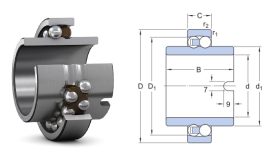 PLC 11-4 ZKL, 8x22x7/14 mm, nyitott kétsoros önbeállós golyóscsapágy, acélkosárral, és szélesített belső tengellyel, 