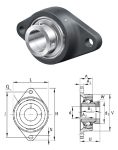   RCJT 30 XL-N (CJT 05+GRAE30, EXFL 206, FYTB 30 FM, FYTB 506+YEL-206) INA 30x80x142, Y-csapágyegység 2 csavarfuratos fekvő öntvényházzal, és 30 mm furatátmérőjű excentergyűrűs csapággyal, 