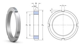 KM 13 FAG, 65x85x12 mm, M65x2, Hornyos anya, Ellenanya metrikus menettel, biztosító alátéttel való reteszeléshez, DIN 981