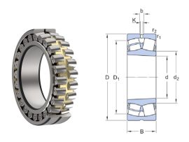 22308 KMB URB, 40x90x33 mm, Kétsoros önbeállós hordógörgős, gömbgörgős csapágy, külső paláston olajhorony nélkül, kúpos tengelyfurattal, és bronzkosárral