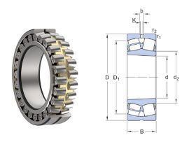 22312 MW33 KBS, 60x130x46 mm, Kétsoros önbeállós hordógörgős, gömbgörgős csapágy, külső paláston olajzófuratokkal és horonnyal, hengeres tengelyfurattal, és tömör bronzkosárral