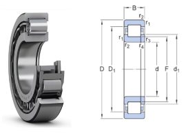 NUP 2211 E/J1 STEYR, 55x100x25 mm, Egysoros hengergörgős csapágy, acélkosárral, egyoldalon peremes belső gyűrűvel, és belső támasztó P gyűrűvel