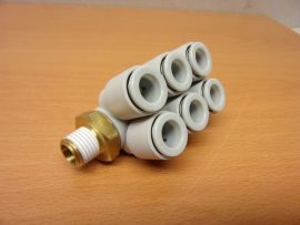 SMC KQ2ZT10-02S pneumatikus push-in gyorscsatlakozós 6-os elosztó, R1/4" külső kúpos menettel, 10mm csövekhez, szegmensenként forgatható 