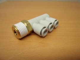 SMC KQ2VT08-04S pneumatikus push-in gyorscsatlakozós 3-os elosztó, R1/2" külső kúpos menettel, 8mm csövekhez, szegmensenként forgatható SMC KQ2VT08-04S pneumatikus push-in gyorscsatlakozós 3-os elosztó, R1/2" külső kúpos menettel, 8mm csövekhez, szegmensenként forgatható