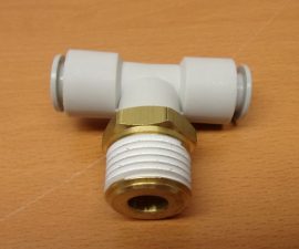 SMC KQ2T10-04S pneumatikus push-in gyorscsatlakozós T-elosztó, R1/2" külső kúpos menettel, 10mm csövekhez 
