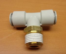 SMC KQ2T12-04S pneumatikus push-in gyorscsatlakozós T-elosztó, R1/2" külső kúpos menettel, 12mm csövekhez