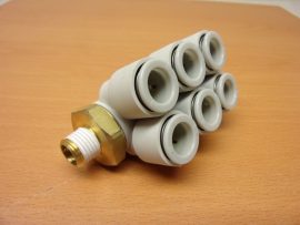 SMC KQ2ZT12-02S pneumatikus push-in gyorscsatlakozós 6-os elosztó, R1/4" külső kúpos menettel, 12mm csövekhez, szegmensenként forgatható 
