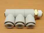   SMC KQ2VT10-03S pneumatikus push-in gyorscsatlakozós 3-os elosztó, R3/8" külső kúpos menettel, 10mm csövekhez, szegmensenként forgatható