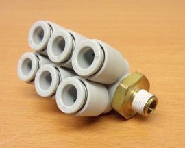 SMC KQ2ZT08-01S pneumatikus push-in gyorscsatlakozós 6-os elosztó, R1/8" külső kúpos menettel, 8mm csövekhez, szegmensenként forgatható 
