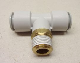 SMC KQ2T12-03S pneumatikus push-in gyorscsatlakozó, T-elosztó, R3/8" külső kúpos menettel, 12mm csövekhez