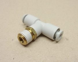 SMC KQ2T04-01S pneumatikus push-in gyorscsatlakozós T-elosztó, R1/8" külső kúpos menettel, 4mm csövekhez,