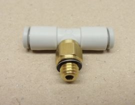 SMC KQ2T04-M6A pneumatikus push in gyorscsatlakozós T-idom, 2x4mm gyorscsatlakozó + M6 külső menet, 