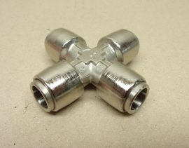 Mecman (Rexroth) pneumatikus push-in gyorscsatlakozós 10mm-es fém 4-es elosztó, dugaszolható kereszt csatlakozó (Camozzi 6600 10)