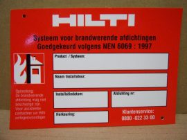 HILTI 34013912 műanyag információs tábla, két rögzítő csavarral, 10db./csomag, 150x104 mm, Holland nyelven!