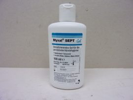 Myxal Septh Gel, kézfertőtlenítő gél, 100ml, illat- és színezékmentes, zsíros, alkohol alapú gél higiénikus kézfertőtlenítésre, lejárt szavatossági idővel. Myxal Septh Gel, kézfertőtlenítő gél, 100ml, illat- és színezékmentes, zsíros, alkohol alapú gél higiénikus kézfertőtlenítésre, lejárt szavatossági idővel.