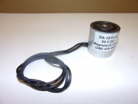 Elektromágnes, mágnestekercs, Magnetech Corp. RA-1515-24, 24VDC 0,19/0,25A, 4,6W, 38mm átmérő, 38mm hossz, biztonsági ajtóretesz, tartóerő 22,5 kg. (50 lbs.)